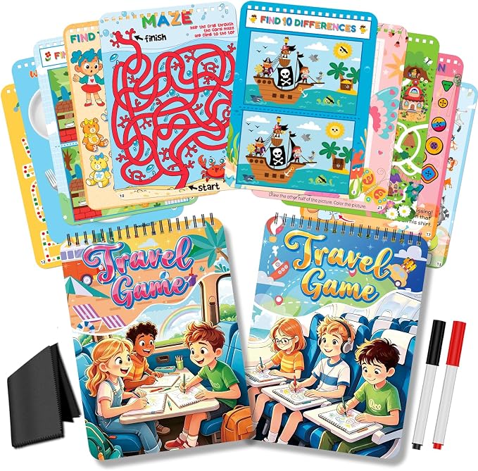 Elfew 2 Pack Reusable Wipe Clean Travel Game Activity Books for Kids 8-12 | 11 in 1 Types of Games, Reusable, PET Lamination, Spiral Binding, Portable, Designed for Travel, Tear Resistant,