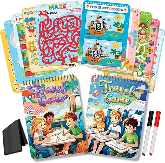 Elfew 2 Pack Reusable Wipe Clean Travel Game Activity Books for Kids 8-12 | 11 in 1 Types of Games, Reusable, PET Lamination, Spiral Binding, Portable, Designed for Travel, Tear Resistant,