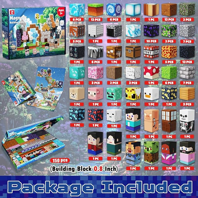 Magneverse 150 PCS 0.8in Magnetic Blocks - Magnet Toys, Magnetic Building Blocks Cubes, Stacking Magnets, School STEM Toys Birthday Gifts for Boys and Girls Age 3+ Years Old (Theme: Adventure World)