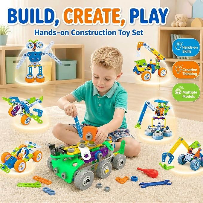 11 in 1 STEM Building Toys, 175 Pieces Construction Kit for Kids Ages 4-8 | 11 Creative Models with Guide Booklet, Encourages STEM Learning & Teamwork, Ideal Gift for Boys Girls, Storage Box Included