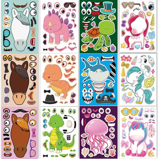 24 Sheets Make a Face Stickers for Kids Toddlers Party Favors Crafts | Make Your Own Animal Stickers with Unicorns Dinosaur Horse Sea Animals, Kids Activities Goodie Bags Stuffers, 8.3 x 5.9 Inch