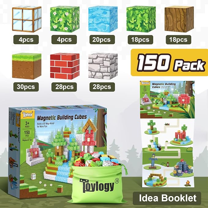 150PCS 1“ Magnetic Blocks Toys for Boys Kids, Mine Magnet World Forest Set | Sensory STEM Building Cubes for Kids, Ideal Construction Creative Toy Set, Birthday Gift for Toddler Boys Girls Ages 4-8 8-12