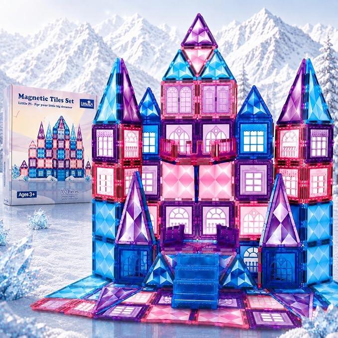 Little Pi 102pcs Frozen Princess Castle Magnetic Tiles Building Blocks - 3D Diamond Blocks, STEM Educational Toddler Toys for Pretend Play, 4 Year Old Girl Birthday Gifts Kids Ages 3 5 6 7 8 - Blue