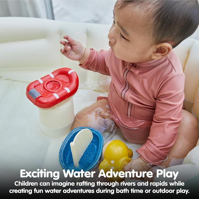 PlanToys® Wooden Whitewater Raft, Waterproof Kids Bath & Water Play Toy | wooden whitewater raft, waterproof bath water play, montessori imaginative coordination, sensory development, kids toy set