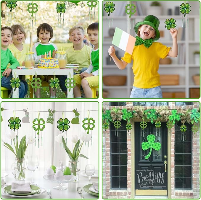Fennoral 10 Pack St. Patricks Day Shamrock Wind Chime Kit for Kids Make You Own Four Leaf Clover Wind Chimes St Patricks Day Wooden Ornaments for Kids Art and Craft St.Patrick's Day Party Decoration