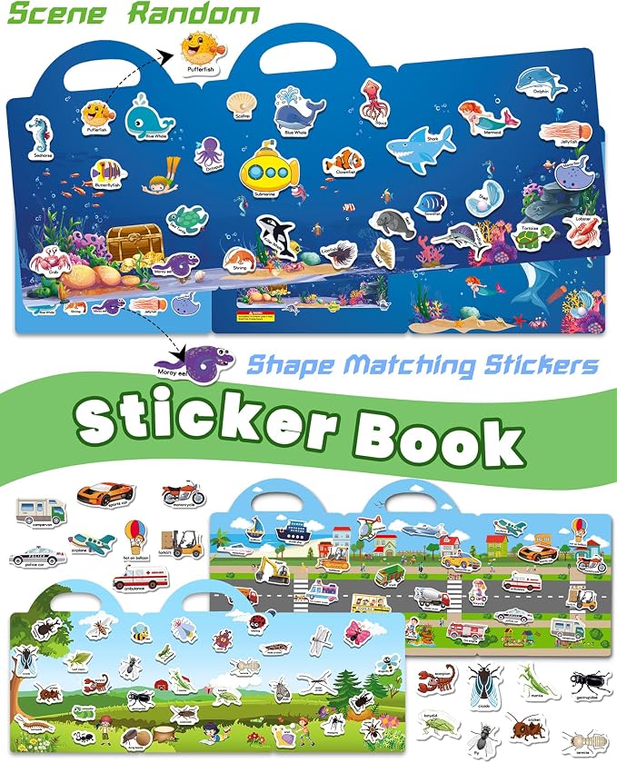 Walenced Reusable Sticker Book for Toddlers, Stickers for Kids, Toddler Toy | Toddler Craft Activities, Toddler Travel Toys, Boy Girl Birthday Gifts, Airplane Travel & Road Trip Essentials Kids