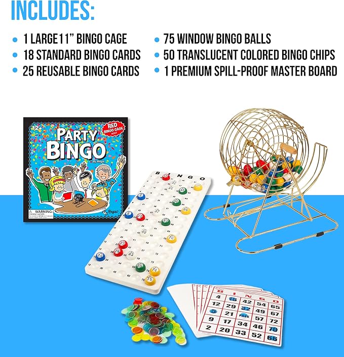 Regal Bingo Gold Professional Bingo Game Set with 11" Wheel Cage, 75 Bingo Balls, Master Board, 18 Bingo Cards & 25 Jumbo Reusable Cards, and Colorful Chips - Bingo Games for Adults Large Group