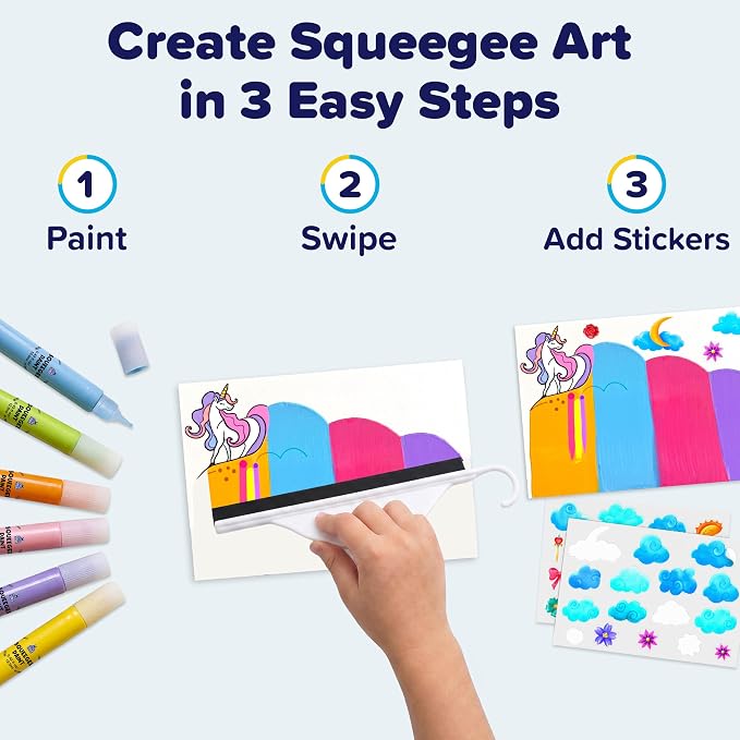 Squeegee Rainbow Squeeze Art Kit for Kids - Princess & Unicorn Design | Kids Stickers Included, Mess Free Paints, Girls Birthday Gifts Age 6-7 8 10, Develops Fine Motor Skills, STEAM Activity