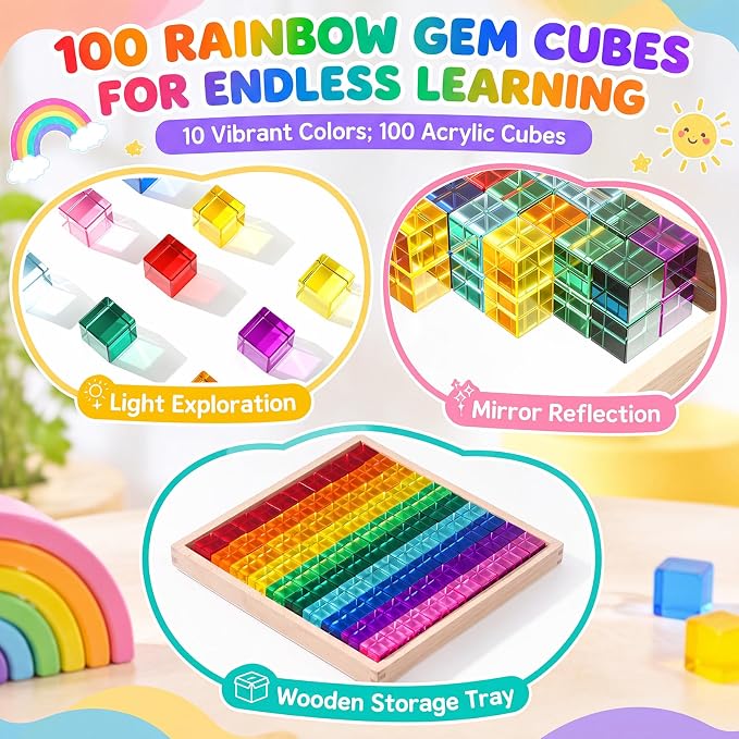 Meooeck 100 Pcs Rainbow Acrylic Gem Blocks Set with Wooden Mirror Tray, Translucent Stacking Gem Cubes for Kids 3-8, Montessori Educational Stem Sensory Light Learning Toy Gift Creative, School Supply