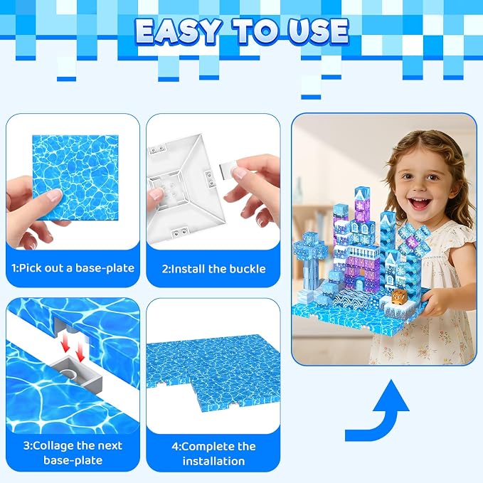 8PCS 4" x 4" Magnetic Building Block Base Plates for Kids, Strong Grip Magnetic blocks Base Compatible with Most Popular Magnetic Blocks & Cubes, STEM Educational Toys for Boys Girls Ages 3+ (Water）