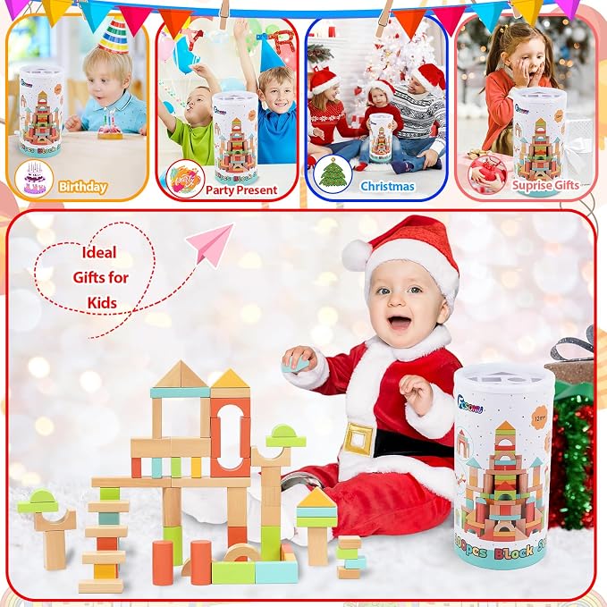 FCSONU Wooden Building Blocks for Toddlers 1-3, 100Pcs Kids Wood Blocks Set | Wooden Blocks for Toddlers 3-5, Montessori Building Toys&Stacking Toys, Easter Christmas 1st Birthday Gifts for Boy Girl Baby