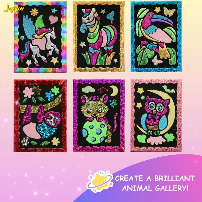 JoyBox Foil Fun–DIYKids Paper Foil Art Craft Kit for&Travel Screen-Free Fun | Birthday Party Gifts for Ages 4-9 and Up,Art Travel Toys for Boys Girlsmagical unicorn‑themedincludes glow‑in‑the‑dark