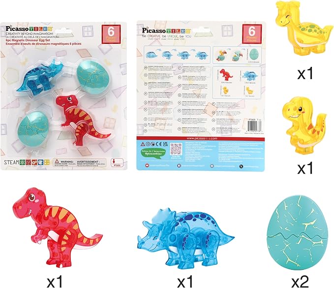 PicassoTiles Magnetic Tiles Dinosaur Egg Set 4 Dinos with 2 Hatchable Eggs Character Action Figures Accessory for Magnet Tile Building Construction STEM Pretend Play Learning Toys Kids Ages 3+ PTA35