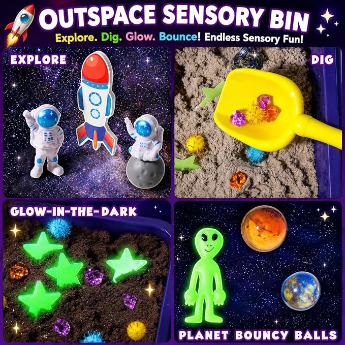 Carolart Galaxy Sensory Bin with Sensory Sand, Gem Dig Kit for Kids | Space sensory kit with alien, STEM toys science kit with real gemstones, gift for boys ages 3-8