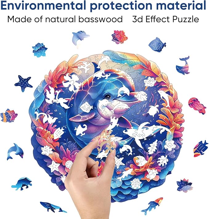Qiuenisray Wooden Puzzles for Adult, Dolphin Baby Jigsaw Puzzles 200 Pieces | FSC Certified Unique Ocean Adult Puzzles, Wood Puzzles Creative Gift for Family Game 11.2x11.2 in