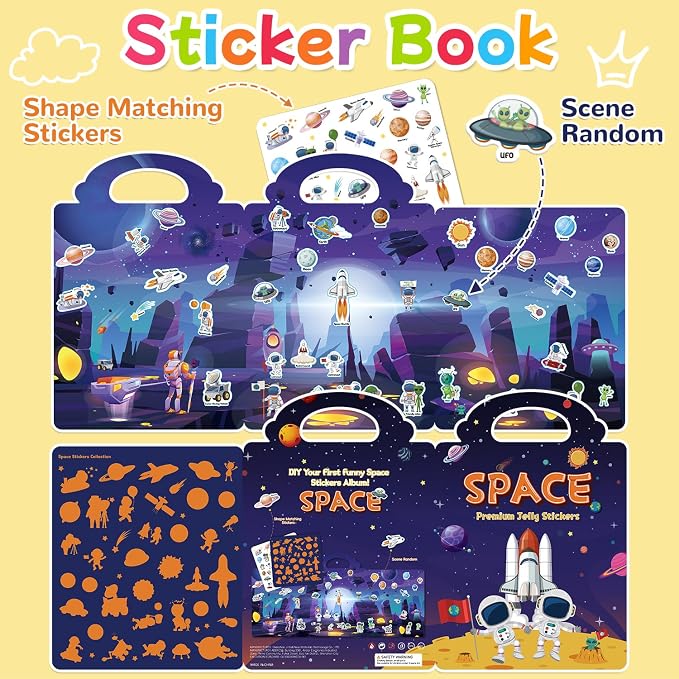 Reusable Sticker Book for Toddlers 3-6, Jelly Stickers for Kids, Sticker Activity Book Travel Toys for Car & Airplane, Educational Learning Gifts for Boys and Girls (Space Theme)