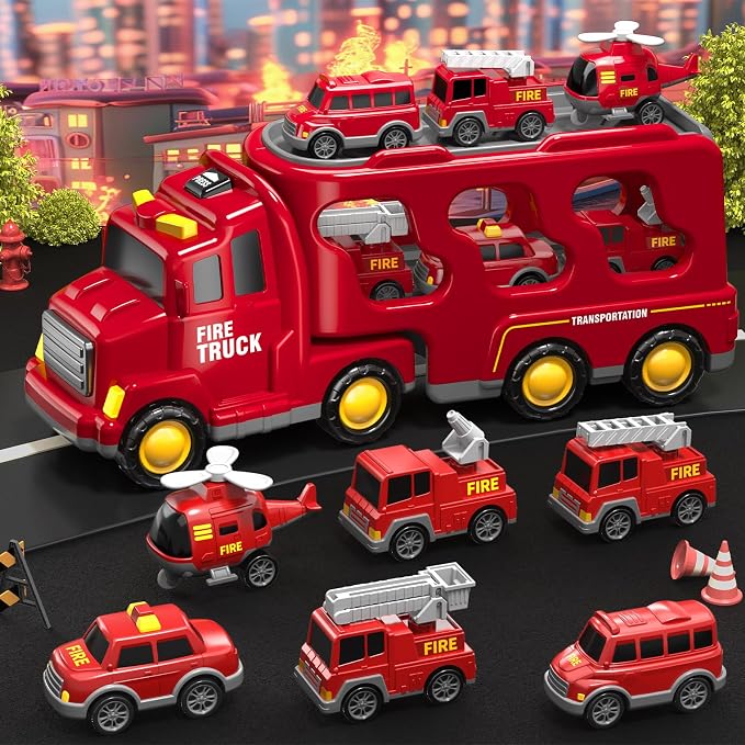 Beby Buty 7 in 1 Fire Trucks Cars Toys for Toddlers 3-5, Boy Toddler Car Truck Toys with Light Sound, Birthday Gifts Toys for 3 4 5 6 Year Old Boy