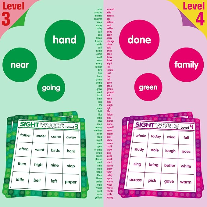 SpriteGru Sight Word Bingo Game, 120 Sight Words Learn to Read Level 3 & Level 4 Bingo Board Game Dolch's & Fry's Words Lists for Kindergarten and Preschool Kids 5+, Perfect for Classroom & At Home