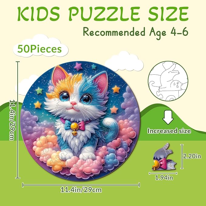 Rainbow Wooden Puzzles for Kids - Celestial Kitten | 50 Piece Puzzles for Kids Ages 6-8, Kids Puzzles with Unique Animal Shapes, Round Gift for Girls and Boys (11.4 * 11.4 in)