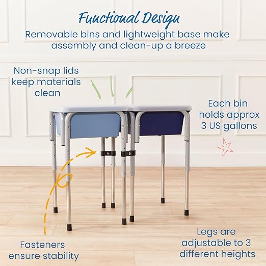 ECR4Kids 2-Station Sand and Water Adjustable Play Table, Sensory Bins, Navy/Powder Blue | Durable plastic/steel, GREENGUARD Gold Certified, 3-5 years, 80 lb capacity, adjustable legs, easy-lift lids, indoor/outdoor