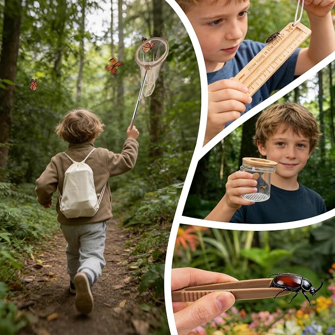 11Pcs Wooden Bug Catcher for Kids, Outdoor Explorer Bug Catching Kit | Butterfly Net for Kids with Bug Habitat, Magnifying Glass & STEM Guide, Adventure Set for Backyard & Camping 3+ Years