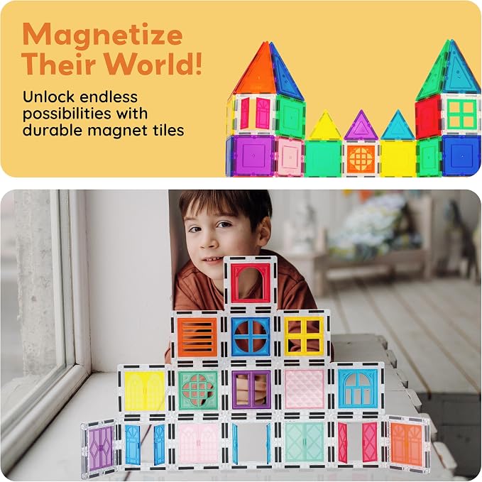 PicassoTiles 40pcs Magnetic Tiles Clip-in Window and Door Expansion Set, Magnetic Block Add-ons, Magnet Building Construction Toys, STEM Education Learning Block for Toddler Boys and Girls 3+ PTW40