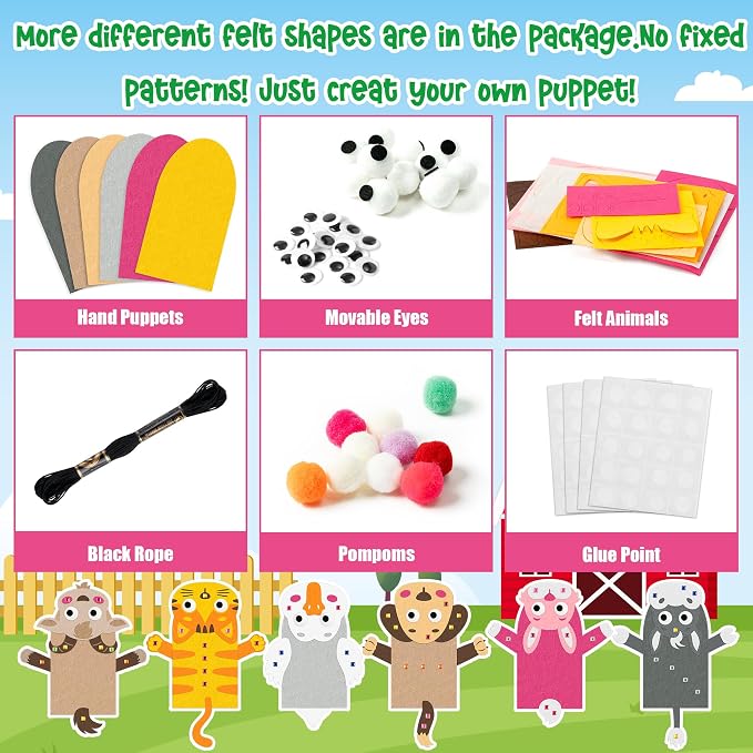 WATINC Hand Puppet Making Kit, Felt Sock Puppet Toys for Kids (Farm B) | 6 Styles, Make Your Own Storytelling & Role Play Crafts, Creative Group Activity, Party Favors & Gifts for Kids Ages 4-8