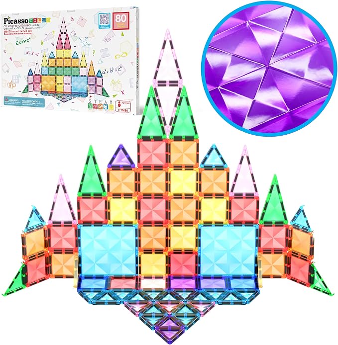 PicassoTiles 80 PCs Magnetic Tiles Travel Size Mini Version Building Block Construction Set for Kids Great Gift Ages 3+ Boys & Girls Preschool Kindergarten Montessori Playing Toys Stacking Fun PTM80