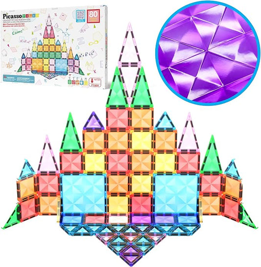PicassoTiles 80 PCs Magnetic Tiles Travel Size Mini Version Building Block Construction Set for Kids Great Gift Ages 3+ Boys & Girls Preschool Kindergarten Montessori Playing Toys Stacking Fun PTM80