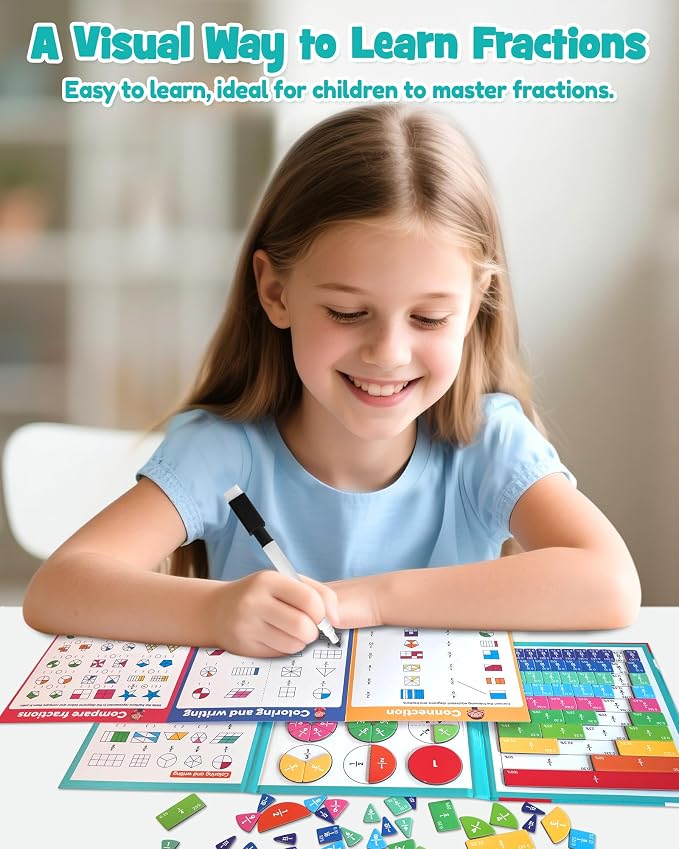 Magnetic Fraction Book with Tiles Circles Manipulatives Toy for Kid | Montessori Math Learning Kit for Kids Grades K-3, Fraction Playbook Educational Puzzle Board, Back to School Supplies Gift