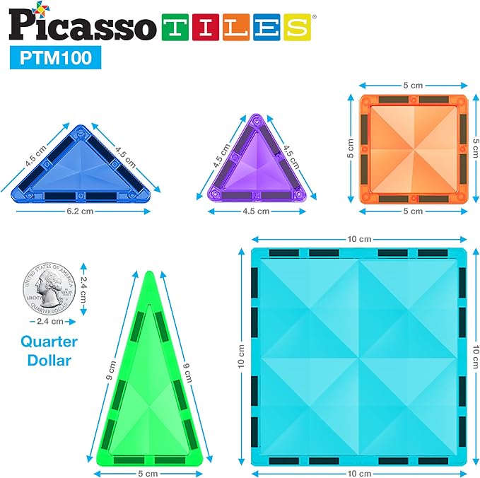 PicassoTiles 100 Piece Mini Magnetic Tiles, Travel STEM Toy for Kids 3+ | Diamond-shaped design, translucent pieces, compact carrying case, Montessori-inspired play, screen-free creativity