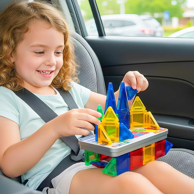 NEOROD Mini Magnetic Tiles, STEM Travel Building Blocks for Kids 3-8 | 26 pcs compact magnet toys with metal box, ABS smooth rounded corners, fine motor & color sorting, road trip essentials