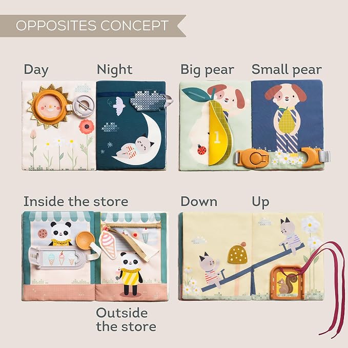 Taf Toys Busy Book for Toddlers 1-3 - Montessori Activity with 15 Interactive Activities - Opposites Theme - Baby Quiet Pages for 1 Year Old - Birthday Gift for Boys and Girls