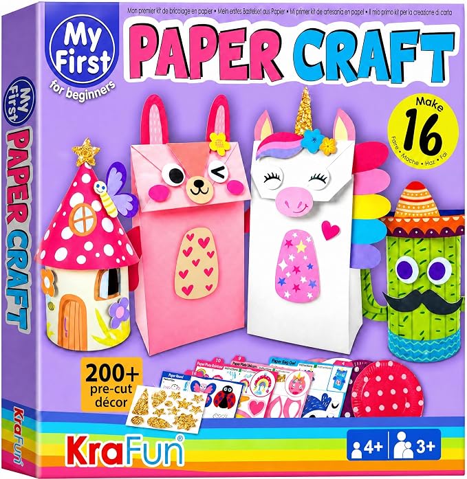 KRAFUN Unicorn & Bunny Beginner Paper Craft Kit for Girls Age 3+ | 16 projects: paper bags, plates & rolls. Princess & Fairy themes. Fun creative activity set for toddler girls