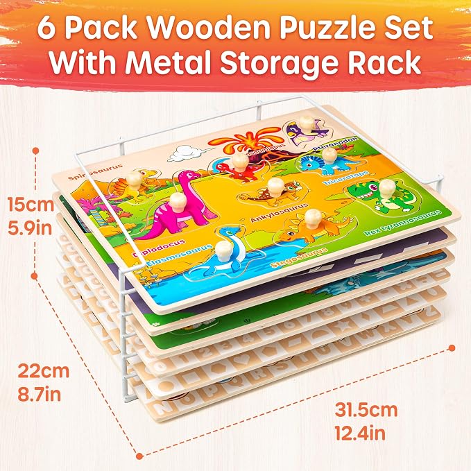 SYNARRY Wooden Puzzles for Toddlers 1-3, 6XSET Puzzles for Toddlers 2-4 with Rack, Learning Alphabet Number Animal Dinosaur Vehicle for Kids, Education Toys for 2 3 Years Boys Girls