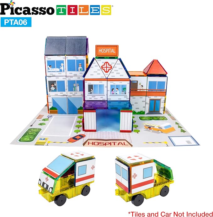 PicassoTiles 80pc School, Hospital, Police Station 3-in-1 Theme Magnet Self Adhesive Backing Stick-On Puzzle Graphic Kit and Overlay Maps for Magnetic Building Blocks STEM Learning Construction Toy