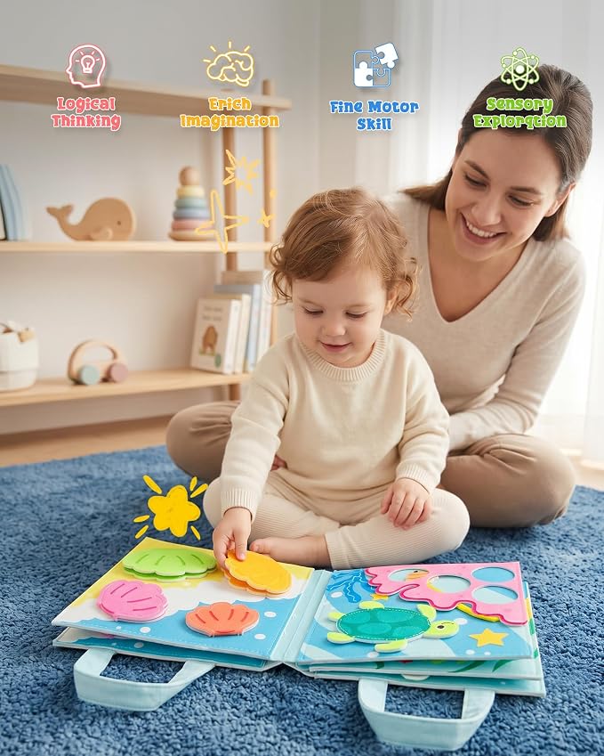 Montessori Busy Book for Toddlers, 8-Page Sensory Activity Book for Fine Motor Skills & Basic Dress Learning, Portable Travel Toy for Preschool Kids, Birthday Gift for Boys and Girls (Sea animals)