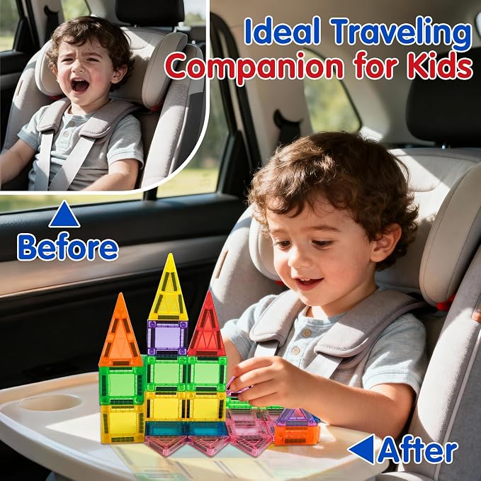 48PCS Mini Magnetic Tiles Travel Set 3+ Years | Kids Magnetic Building Blocks with Iron Box | STEM Educational Sensory Toys | Preschool & On-The-Go Games | Christmas Birthday Gift