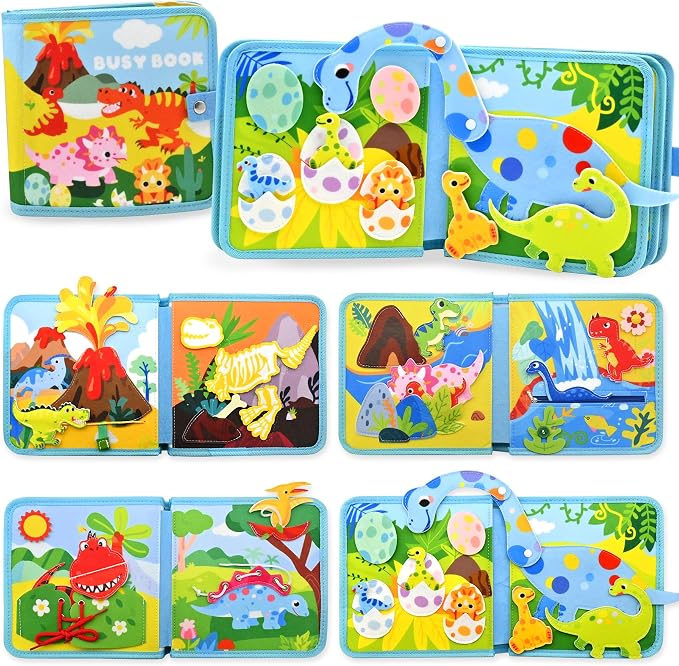 Dinosaur Educational Book for Toddlers 1-3, Montessori Quiet Toy & Busy Board for Kids, Travel Toys with Life Skills & Educational Games for Boys and Girls