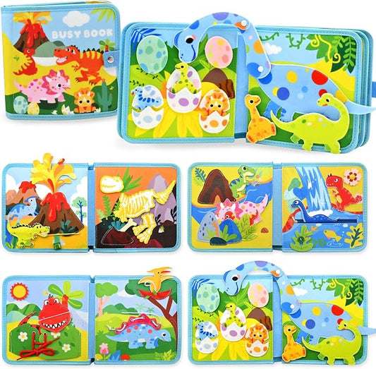 Dinosaur Educational Book for Toddlers 1-3, Montessori Quiet Toy & Busy Board for Kids, Travel Toys with Life Skills & Educational Games for Boys and Girls