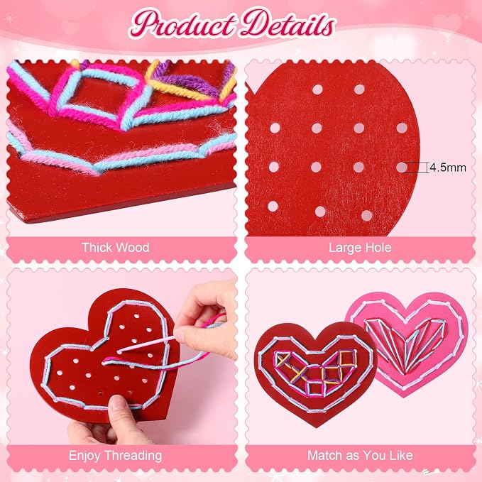 Capoda 18 Sets Valentines Gifts Bulk Lacing Cards Educational Threading Toy for Wooden Lacing Card Toys with Colorful Threads for Develop Imagination Early Education Learning Activity(Valentines)