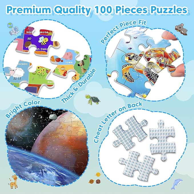 4 Packs 100 Piece Puzzles for Kids Ages 4-6 6-8 8-10, Educational Kids Jigsaw Puzzle Set, Ocean Space US Map World Animals Learning Puzzle Toy Gift for Boys Girls Teens Adults Kids Puzzles 4-6 5-8