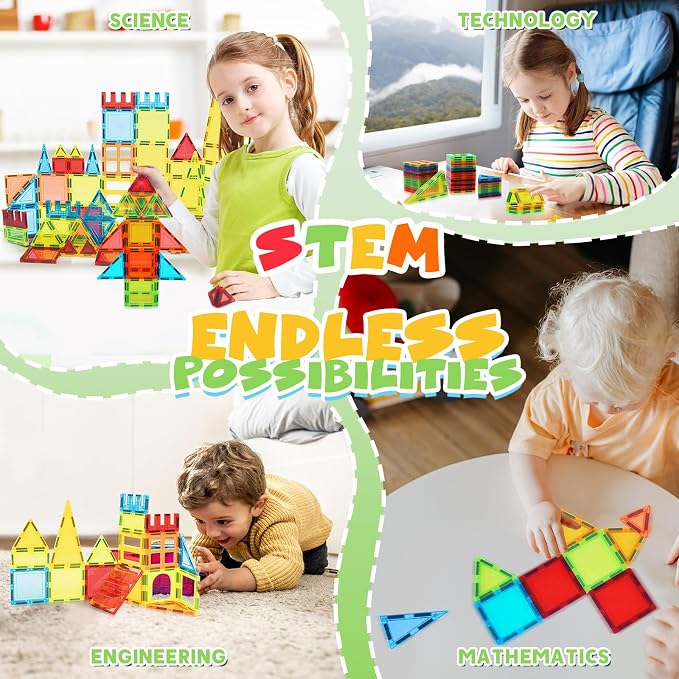 Magnetic Tiles, 60 PCS Magnetic Tiles Building Set, Educational STEM Magnets Tile Toys for Boys Kids Toddlers Ages 3 4 5 6 7 8 9+ Year Old