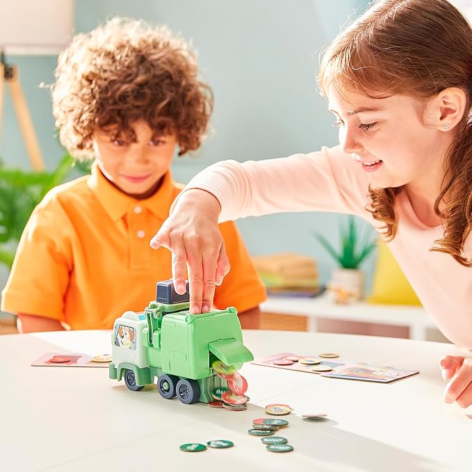 Bluey Rubbish Run Game - Family Board Game, Ages 4 Toys | Preschool board games with spinning barrel, dump lever, and surprise truck spill action