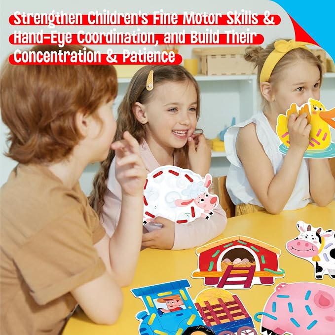 SpriteGru 9 PCS Farm Theme Lacing Cards, 9 Double Sided Sewing Cards with 9 Colorful Laces, Imagination Development Lacing Toys Educational and Learning Activity for Preschoolers, Kids