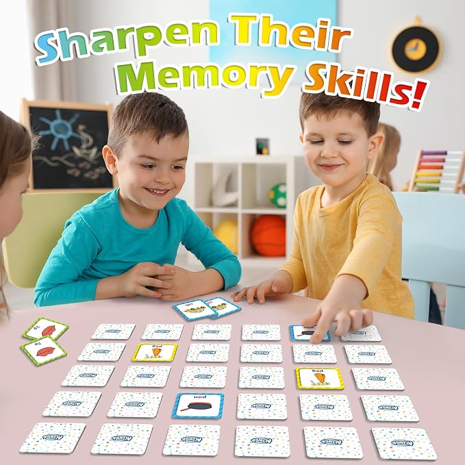Aizweb CVC Word Match Game - 60 Pc Toddler Card Games for Kids Ages 3-6, Phonics Flash Cards for Preschool & Kindergarten Learning Activities, Educational Toys for Home School Supplies