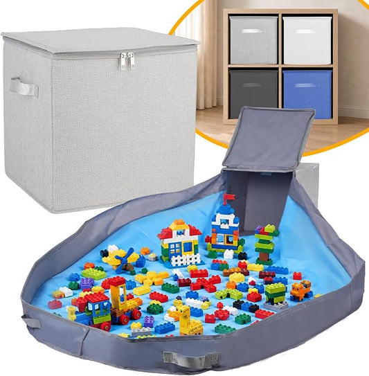 SAM AND MABEL Toy Storage Organizer with Play Mat – 13" x 13" x 13" Stackable and Collapsible Cubby Box Organizers for Kids Playroom, Nursery Storage Bins for Boys and Girls (Warm Grayish Beige)