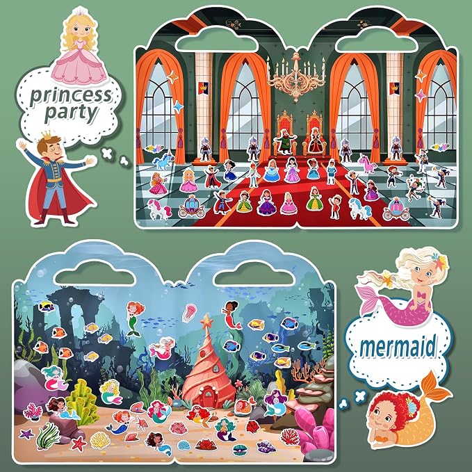 6 Set Puffy Sticker Book, Reusable Sticker Books for Toddlers | 260pcs Fairytale+Garden+Princess Party+Mermaid+Kids Zone+Girls' Shop, Travel Toys Book for Kids Ages 3+