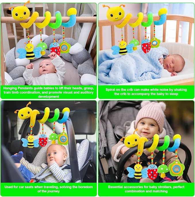Car Seat Toys for Babies 0-6 Months, Upgraded Version | Spiral Activity Soft Plush Hanging Toys with Rattles, Fits Car Seat & Stroller, Ages 0 and Up