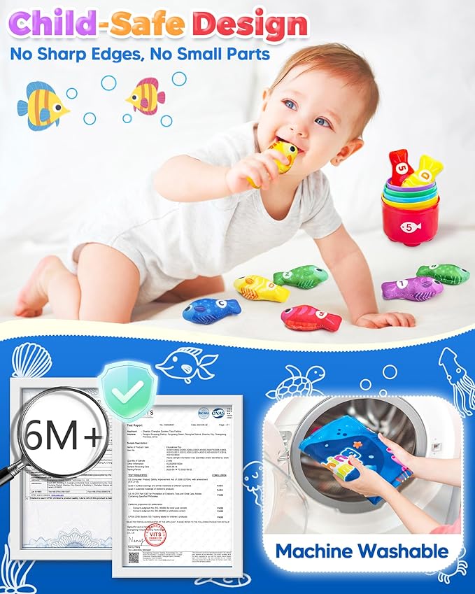 Montessori Toys for 1 2 Year Old Boy Birthday Gifts, Toddler Fishing Game | Learning Educational Toys, Baby Toys 1 Year Old, Cloth Fishing Set with Stacking Cups, Learn Aphabet Numbers, Color Sorting